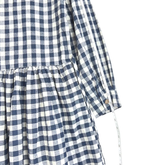 Navy Blue White Gingham Checkered Linen Blend Midi Dress Lagenlook Tie Back - Picture 5 of 9